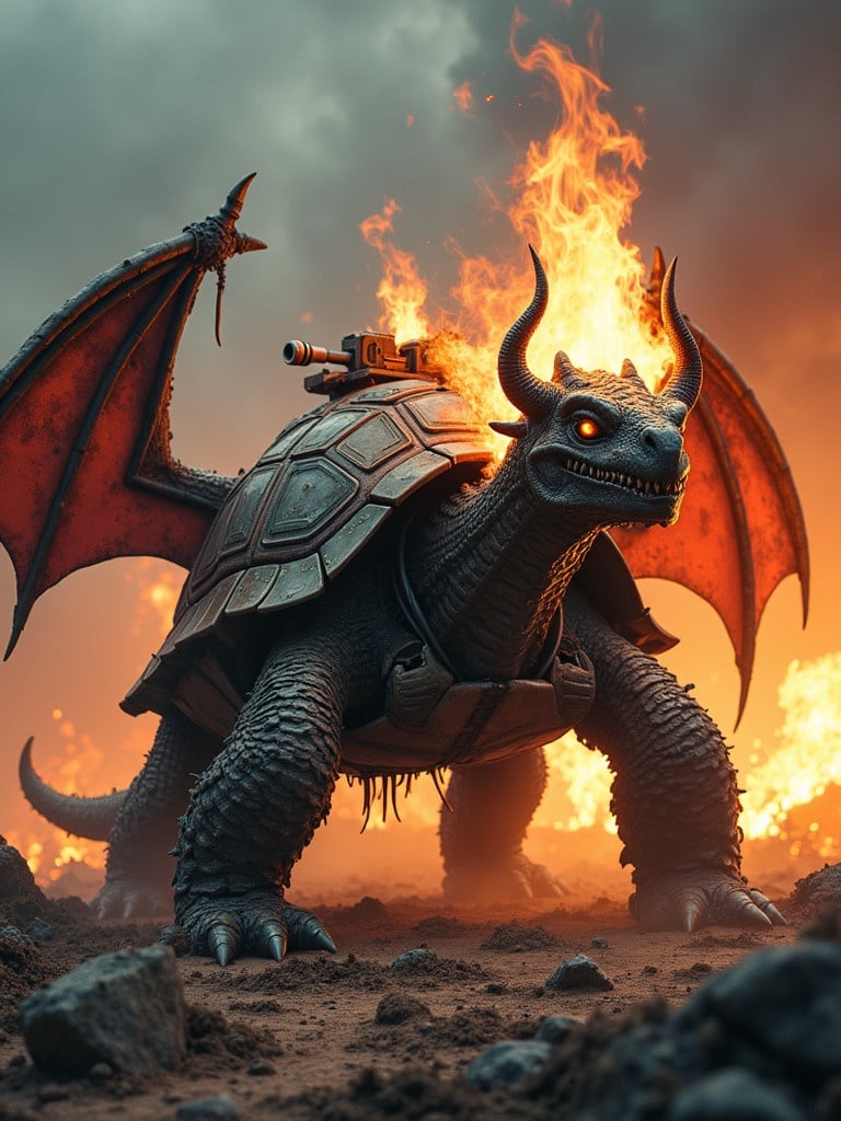 Creature design combines tortoise tank and dragon features. Robust shell with tank armor. Lower body has tank treads. Dragon head breathes fire. Glowing eyes and armored horns. Cannon on back with dragon wings. Tail blends tortoise texture and dragon spikes. Set in fiery battlefield with wreckage and lava.