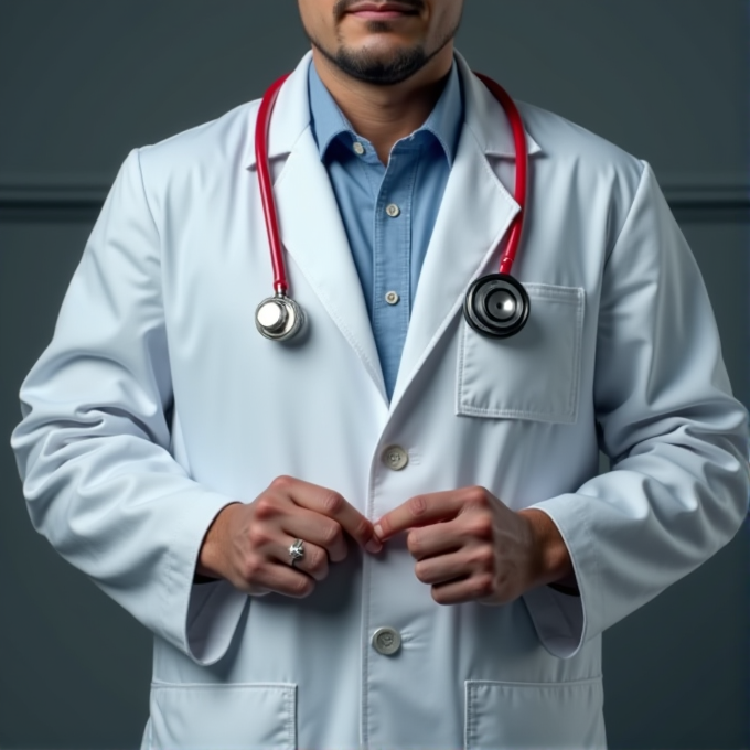 A person in a white lab coat with a red stethoscope around their neck, buttoning the coat over a blue shirt.