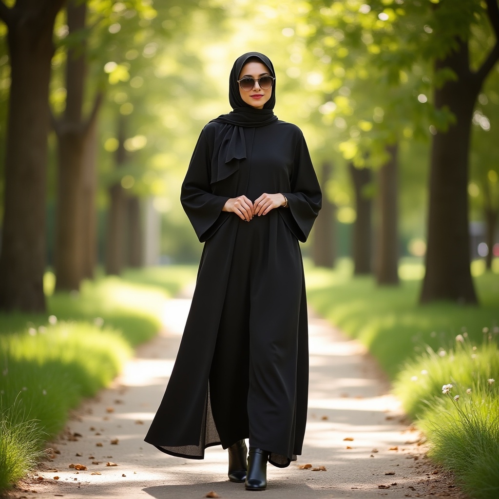 The image shows a woman in her 30s wearing a stylish hijab and a flowing abaya. She stands confidently on a serene nature path surrounded by lush greenery. Sunlight filters through the trees, creating a warm atmosphere that enhances her outfit. The woman pairs her elegant abaya with luxurious boots, making a fashionable statement. This scene beautifully combines tradition with modern luxury in women's attire, appealing to those who value modest yet chic clothing.