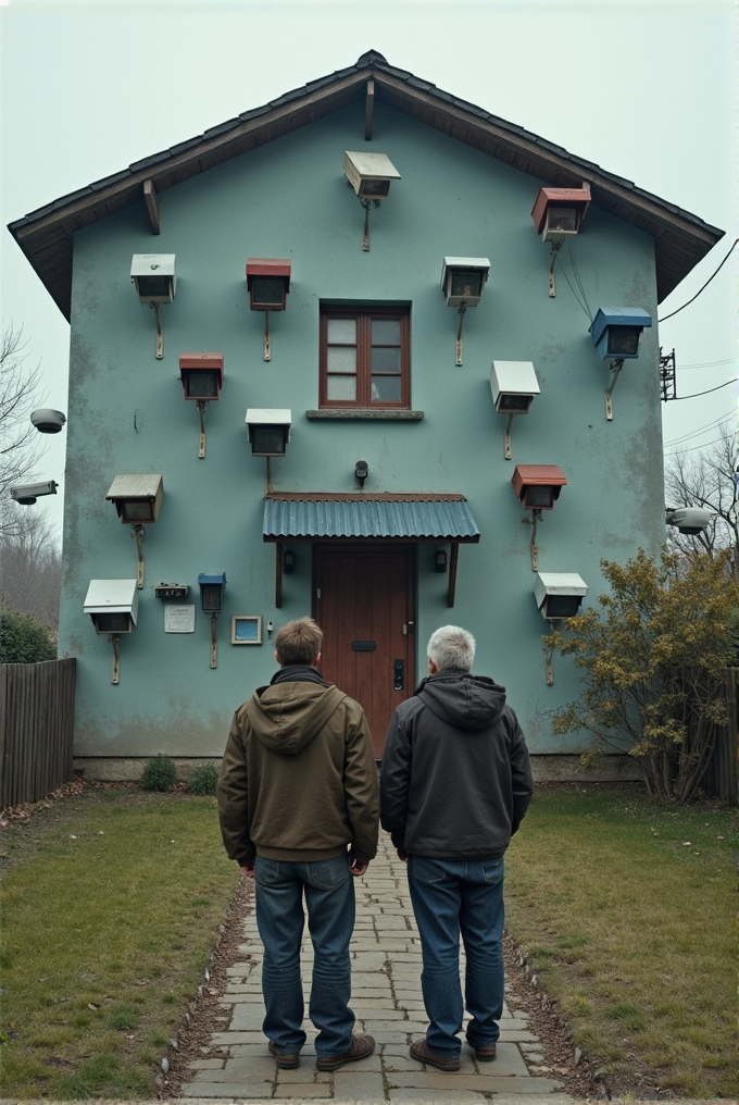 Two people stand on a path looking at a house with numerous whimsical birdhouses mounted on its facade.