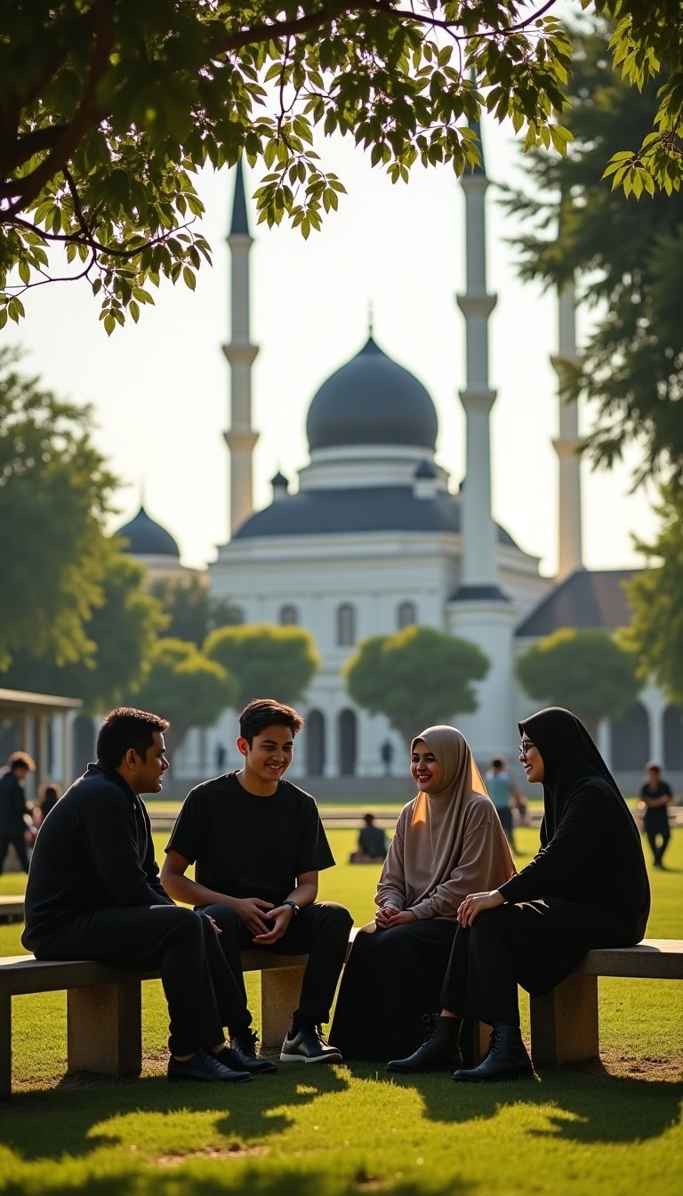 Highly realistic scene of a social gathering in Masjid Baiturrahman gardens. Young men and women dressed modestly, chatting and laughing. Mosque's black domes visible in background with lush greenery. Warm and inviting sunlight casting soft shadows.