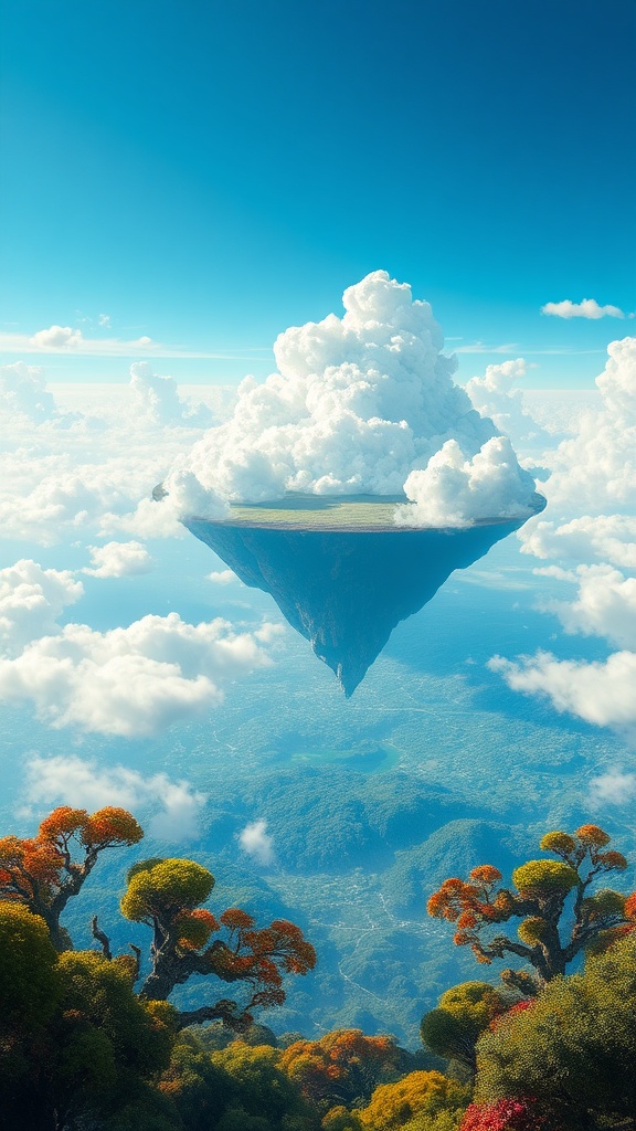 A fantastical floating island with lush greenery and a giant, fluffy cloud on top, hovering above a scenic landscape with colorful trees in the foreground.