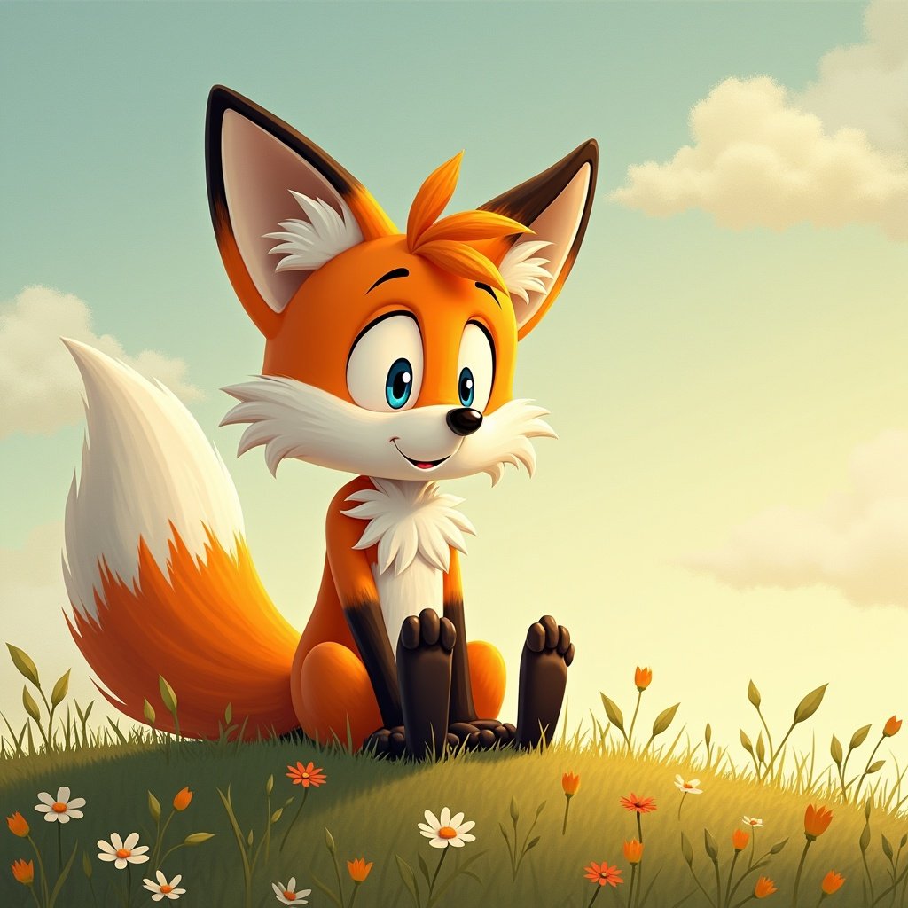 A cartoon fox sits on the grass in a sunny atmosphere. The fox looks happy with a bright smile. The setting has flowers and a light sky. The fox's knees are knocking as it feels high up without moving its feet.