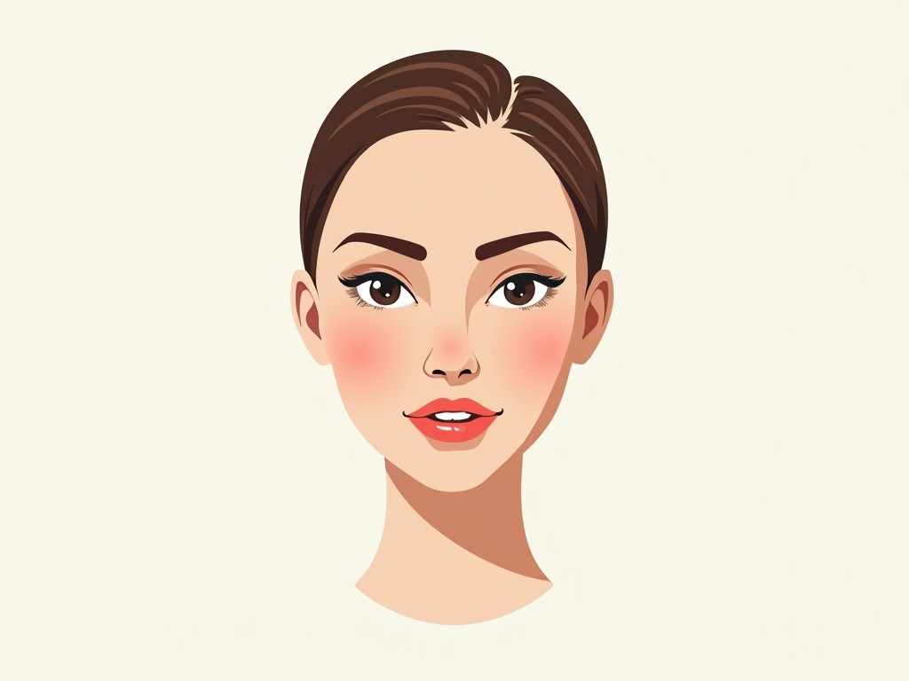 A minimalist illustration of a young woman's face, featuring smooth skin, bold eyebrows, and bright lips, set against a plain background.