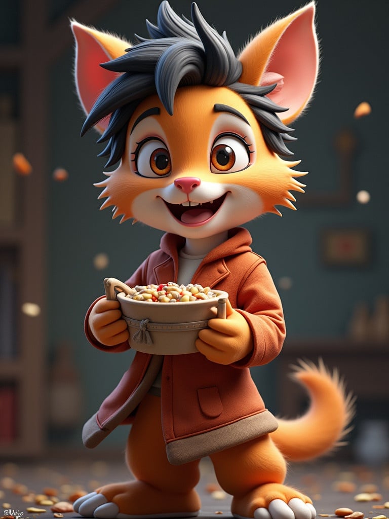 A cartoon character in a playful pose. The character has orange fur with pointy ears and a fluffy tail. The character holds a bowl of popcorn. The setting has a cozy background with warm tones and soft lighting.