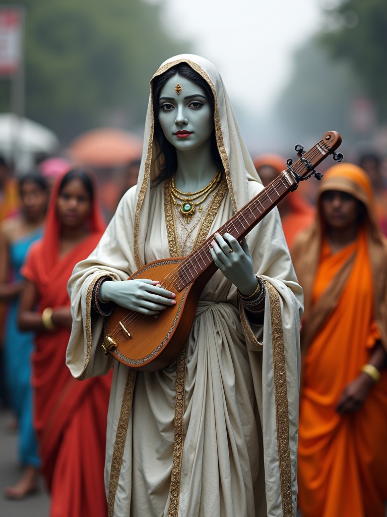 A procession with people dressed in colorful traditional attire. A serene figure in white holding a musical instrument. The setting is a bustling street. The atmosphere is vibrant and spiritual.