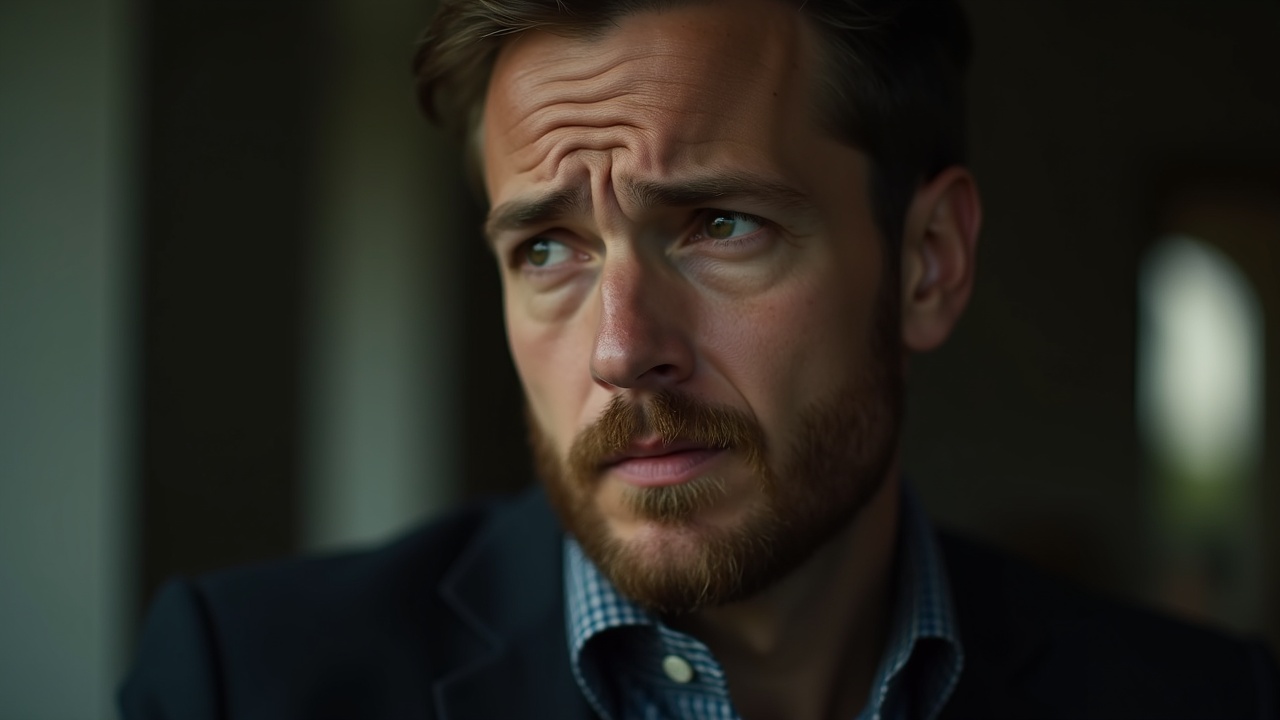 Close-up portrait of a thoughtful man with a beard, wearing a suit and looking to the side in soft, natural lighting.