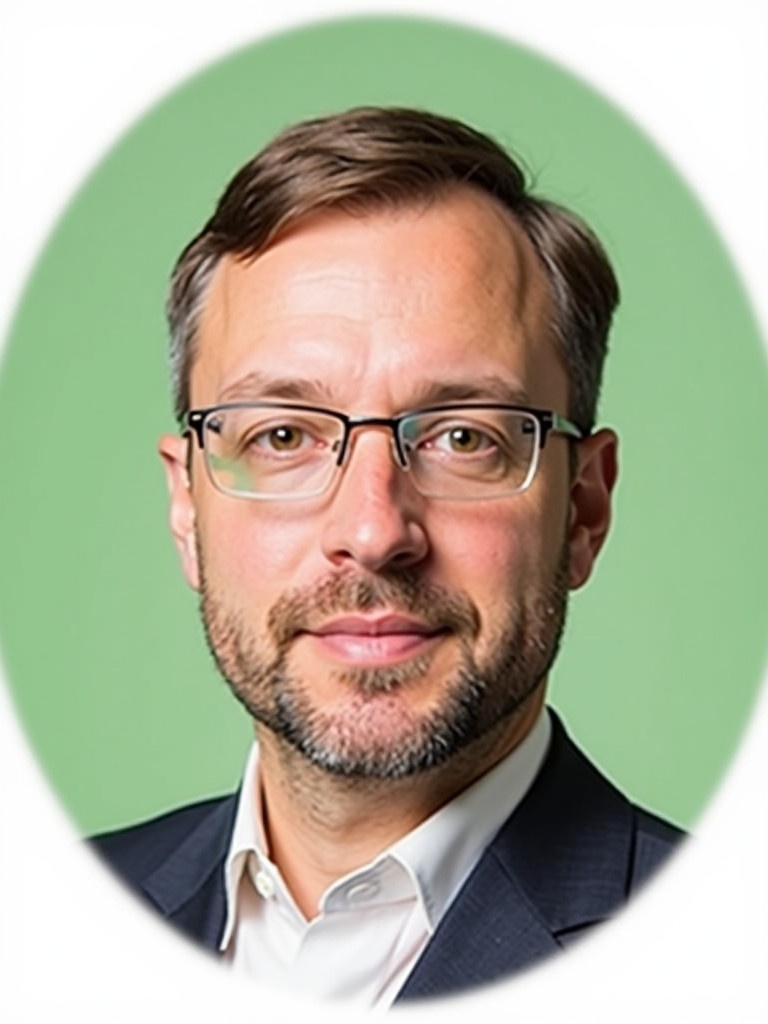 Professional headshot features a person with short light brown hair and a neatly groomed beard wearing clear glasses. Serious expression against a soft green background. Person centered in a circular frame showcases focus on the face. Overall tone suggests professionalism and approachability.