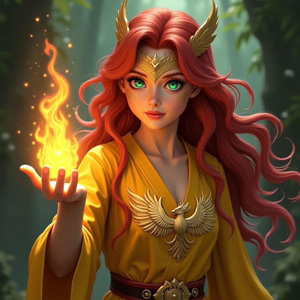 Image of a powerful sorceress conjuring vibrant flames. Long ruby-red hair and emerald green eyes. Fitted golden robe with phoenix emblem. A mystical presence with dragon-like scales added. Depicting a blend of warrior and spellcaster.