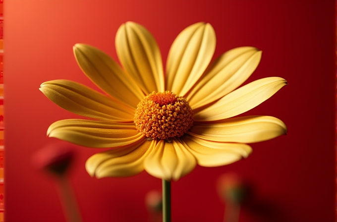 A vibrant yellow flower with a textured central disc stands out against a deep red background, showcasing its delicate petals.