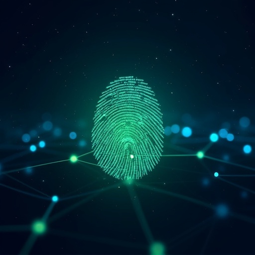 Dark blue starry background provides series consistency. Central glowing digital fingerprint in green and blue symbolizes identity verification. Surrounded by interconnected nodes representing decentralization. Subtle light trails connect the nodes emphasizing the blockchain network.