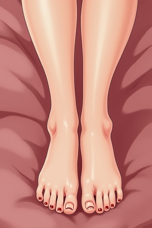 Image shows attractive feet of an anime woman with smooth skin. Soles of feet are visible. The feet are centered on a soft, pink background. The image evokes beauty and elegance.