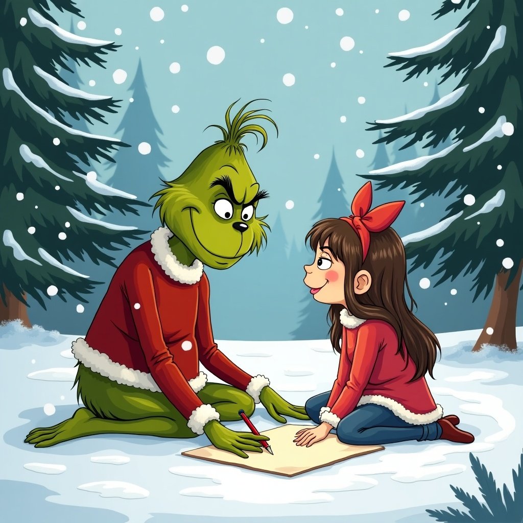 A green character and a girl sit in the snow. They are writing in the snow. The setting is snowy with trees in the background. Both wear festive red outfits.