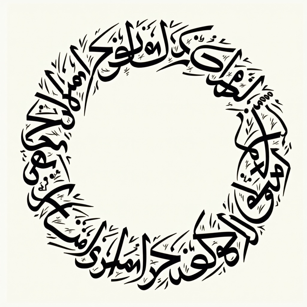 Handwritten Arabic calligraphy display names in a circular design. Names are artistically integrated. Style is intricate and decorative.