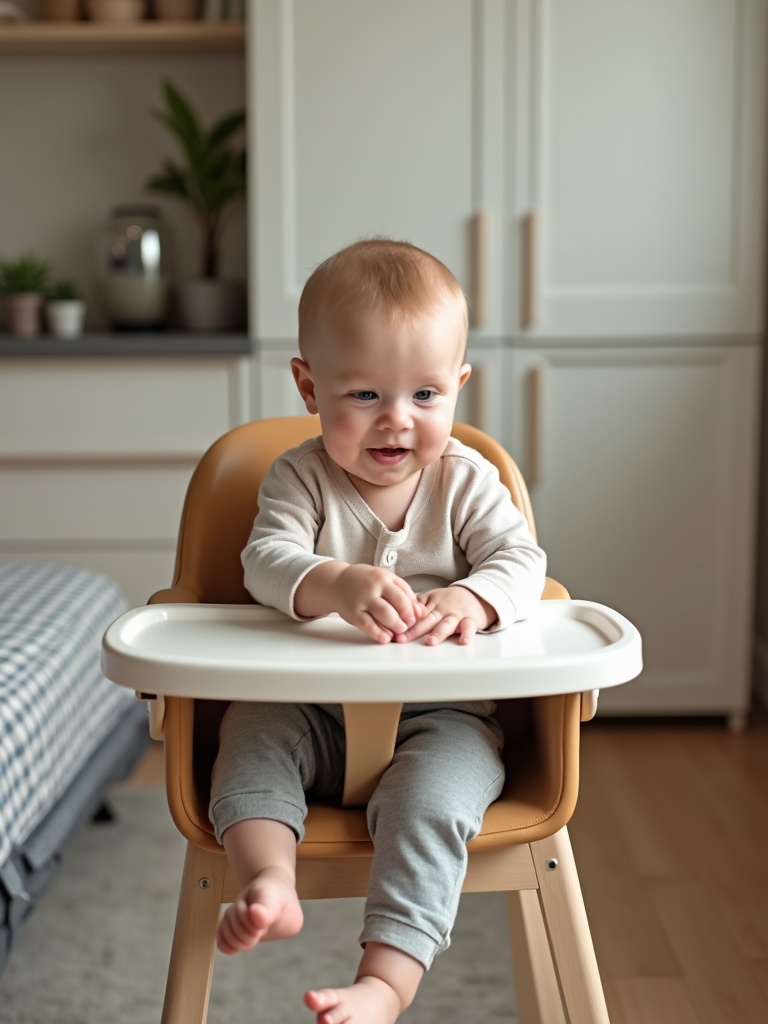 A baby is seated in a high chair, smiling gleefully, in a cozy and tidy kitchen setting. The child is wearing comfy, casual clothing and is surrounded by a neutral and warm color palette that adds a sense of calmness and comfort to the image. Soft lighting filters in from the side, highlighting the cheerful expression of the child and creating a sense of homeliness.