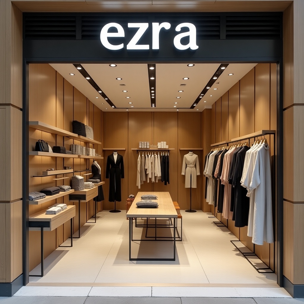 Front store design for modern women's fashion presenting the name 'ezra'. Store features wooden accents, stylish apparel displayed on racks, and a welcoming ambience. Clean and minimalist layout with a central display table.