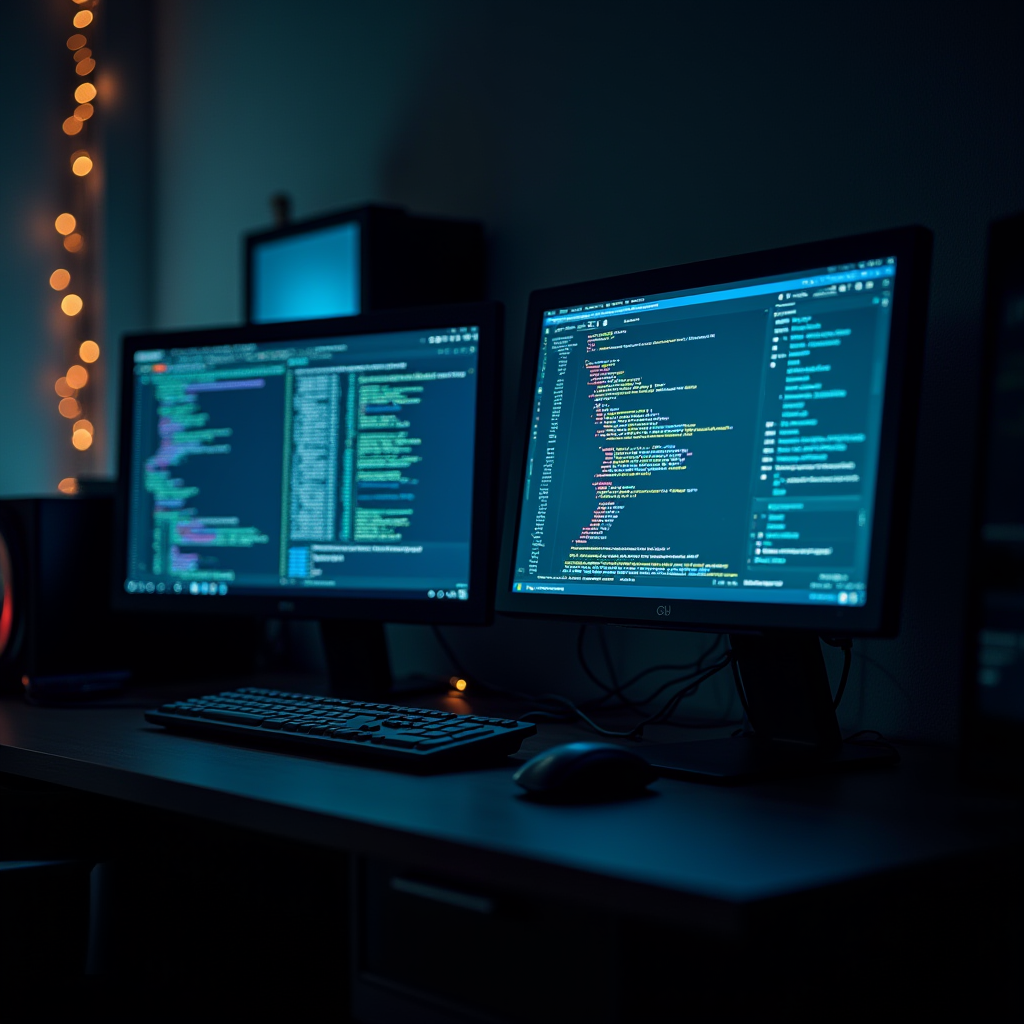 The image depicts a dark, ambient coding setup illuminated by glowing computer screens. Two monitors display lines of colorful code, indicating active programming or development work. The workspace is neat, featuring a keyboard and mouse on a smooth desk surface. In the background, a soft trail of fairy lights adds a warm, atmospheric touch, contrasting with the cool blue hues of the screens. The overall scene conveys a focused and immersive environment for coding.