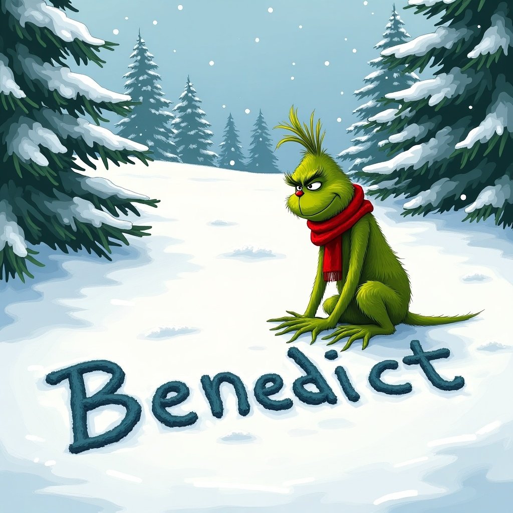 A Grinch character writing Benedict in the snow. Scene shows snow-covered hills and evergreen trees. Grinch has green fur and a red scarf.