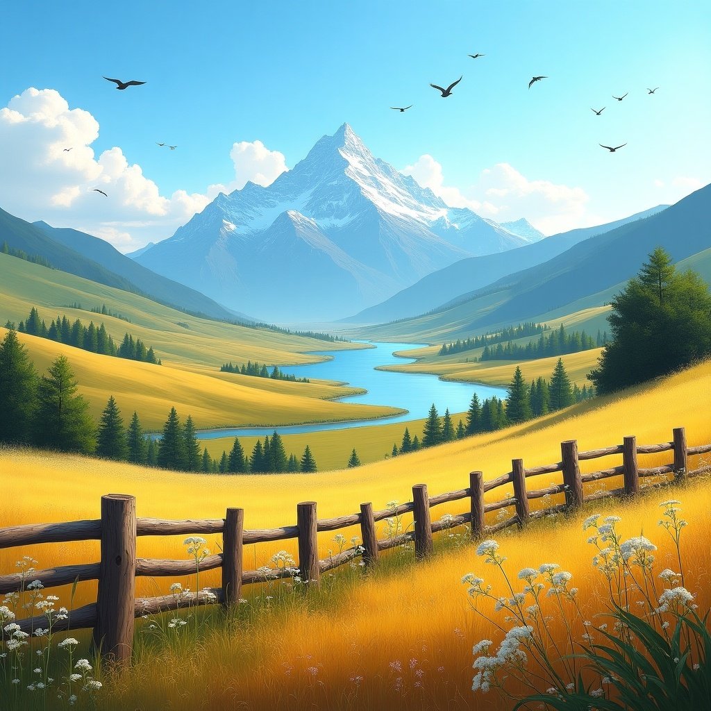 A vibrant mountain landscape with a river flowing through a valley. Distant snow-capped mountains and lush greenery are present. A wooden fence lines the foreground, with fields of golden grass and colorful wildflowers. Birds are flying in the clear blue sky.