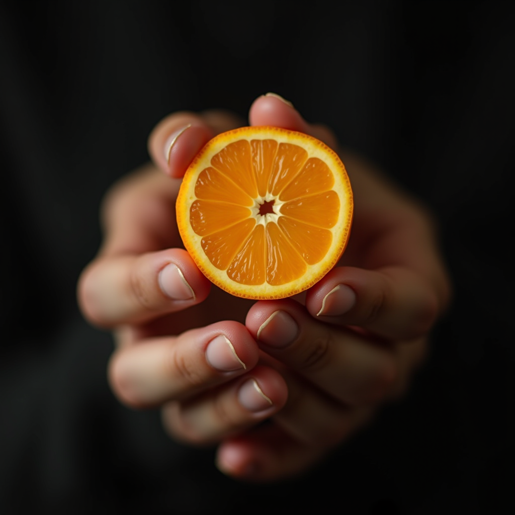 Two hands gently cradle a vividly fresh orange half, displaying its vibrant segments against a dark background.