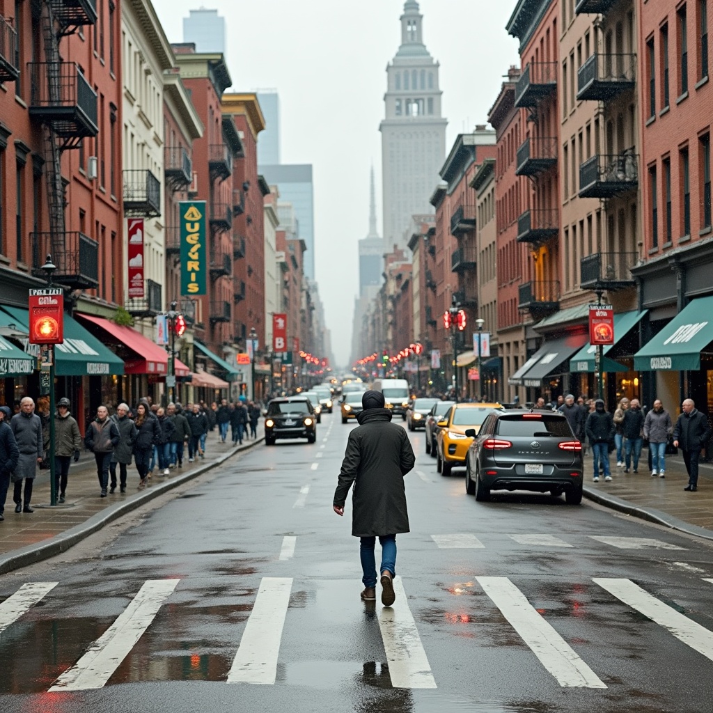 Street scene in Hudson with a man walking across a crosswalk. Shops and vehicles lined along the street. Buildings in the background including a skyscraper. Cloudy sky creating a moody atmosphere.