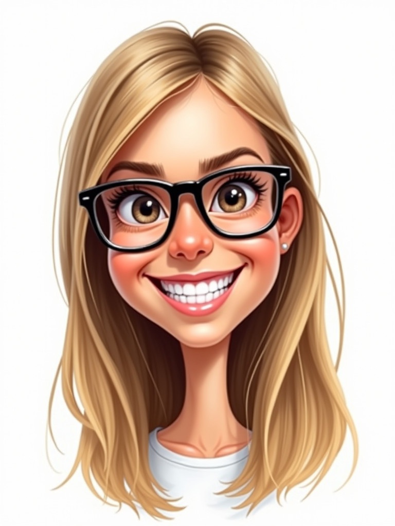 Create caricature sketch of smiling teen girl. She has straight blonde-brown hair and wears black square glasses. Emphasize joyful expression with large eyes and broad smile. Use simple white background to highlight character. Exaggerate proportions for caricature style. Add playful details to capture friendly demeanor.