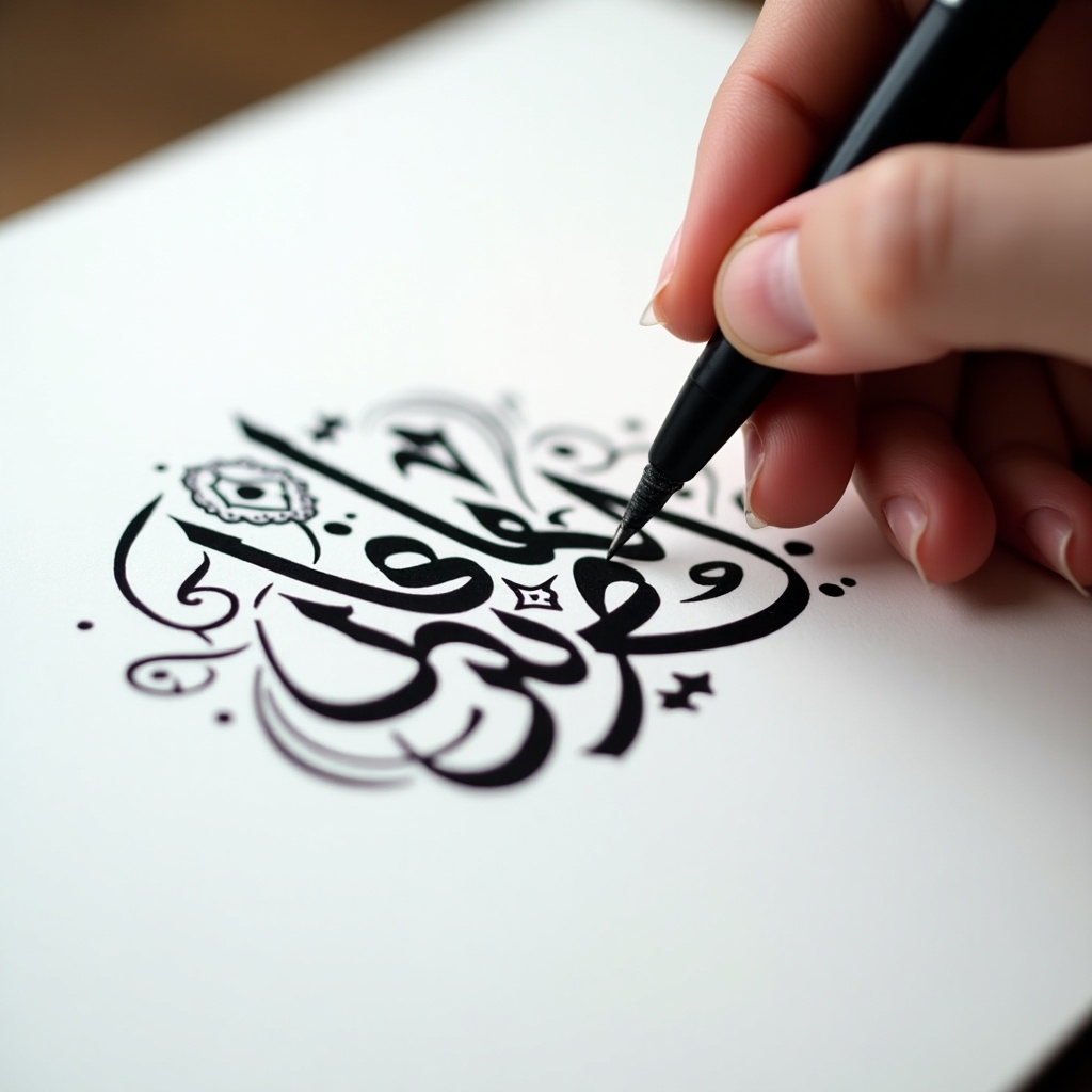 Close-up view of hand using pen to write Arabic calligraphy. Bold black ink on white paper. Hand is steady and focused on letters. Designs surround the main calligraphy. Soft lighting enhances the strokes. Alekya to be written 'سلم عليك العقل'