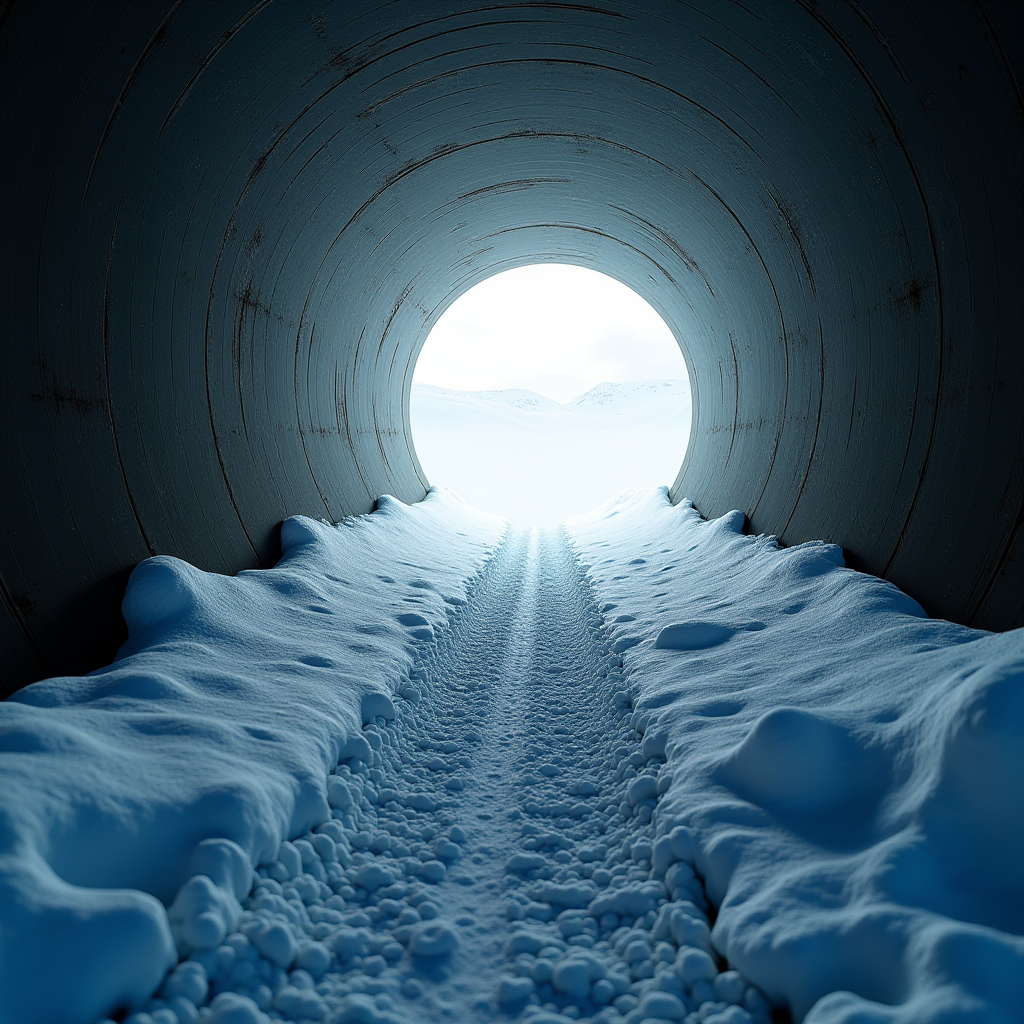 A snow-covered tunnel opens to a bright, snowy landscape.