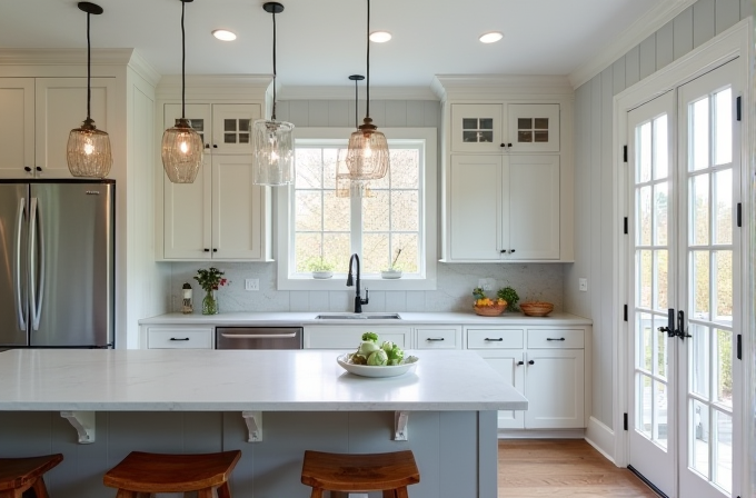 A modern kitchen with white cabinetry, pendant lights, and a central island adorned with a bowl of apples.