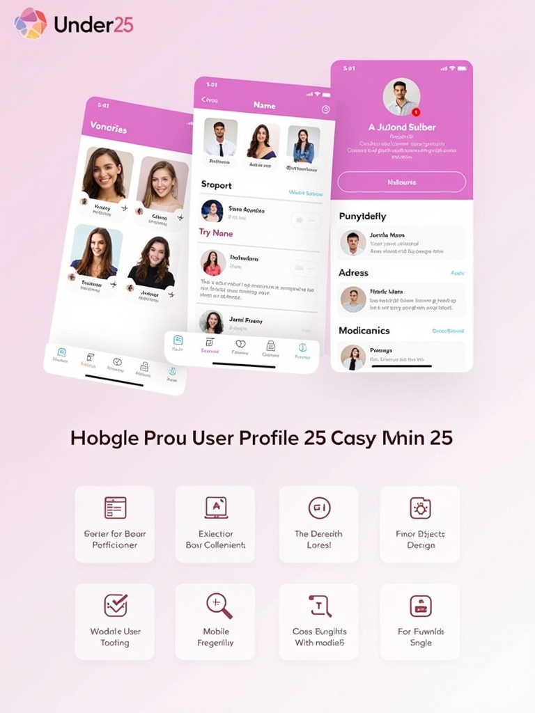 Showcases a modern user profile card format for the Under 25 App. Features a vibrant design with a soft pink gradient background. User-friendly interface elements are included. Displays essential user information such as name age and bio. Engaging visuals of user avatars are present. Format is designed specifically for mobile use. Aimed at younger audiences seeking interactive social connections. Enhanced with functionality for seamless navigation. Layout is clean and minimalistic allowing information to be easily digestible and visually appealing.