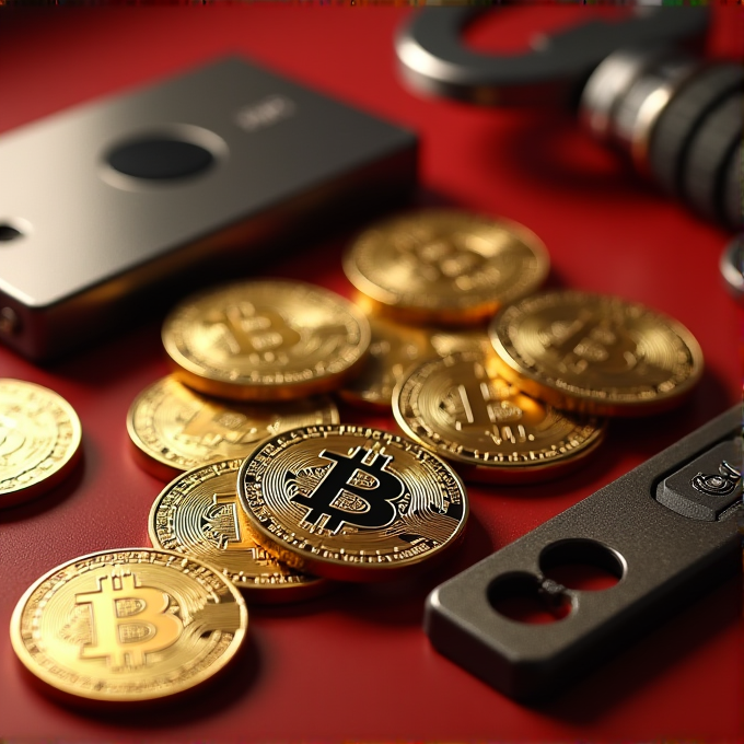 A collection of shiny golden bitcoin coins and a metal USB device on a red surface.