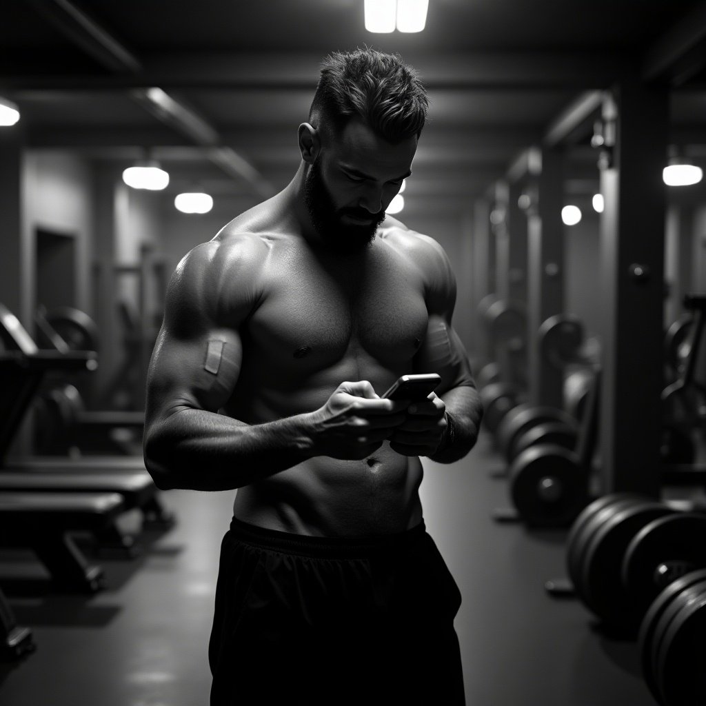 A hyper-realistic black and white photograph of a fit man in a bright fitness center. He stands alone, focused on his smartphone. The scene is well-lit, showcasing his muscular physique without emphasizing shadows. The gym has a clean and polished look, with various fitness equipment in the background. There is a sense of serenity despite the intensity of his workout. The textures of the gym are smooth and inviting, promoting an atmosphere of well-being and health.