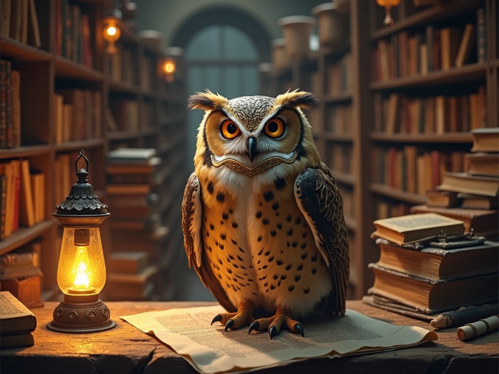 An owl sits majestically in an old library, surrounded by towering shelves filled with books. The owl has striking brown and black feathers, with large, expressive eyes. A warm, glowing lantern illuminates the scene, casting soft light that enhances the cozy atmosphere. The stack of open books beneath the owl adds to the scholarly theme. The setting evokes a sense of wisdom and mystery, perfect for a storybook illustration.