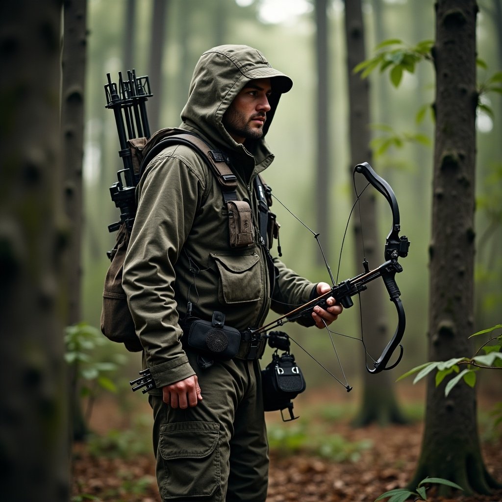 Hunter in the forest with bow and gear. Natural setting among trees.