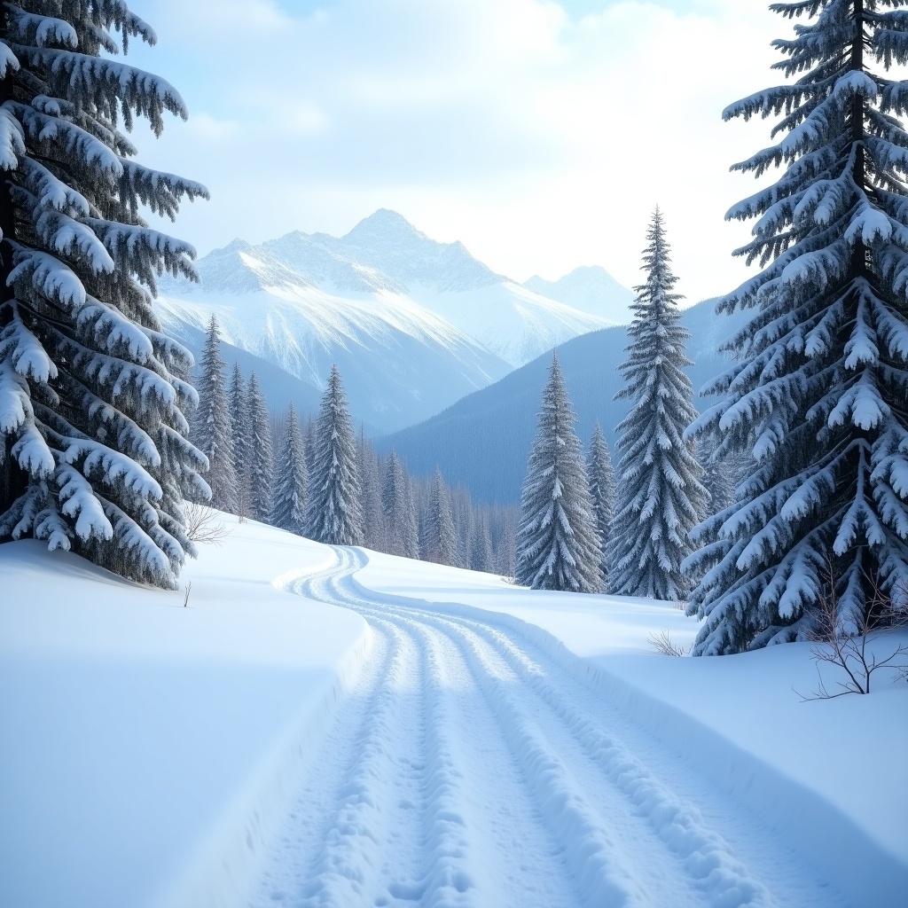 This image depicts a tranquil winter landscape with snow-covered trees and distant mountains. A winding path leads through the snow. The soft overcast light enhances the serene atmosphere. Clear tyre tracks in the foreground suggest past visitors. The scene evokes peace and natural beauty in winter.