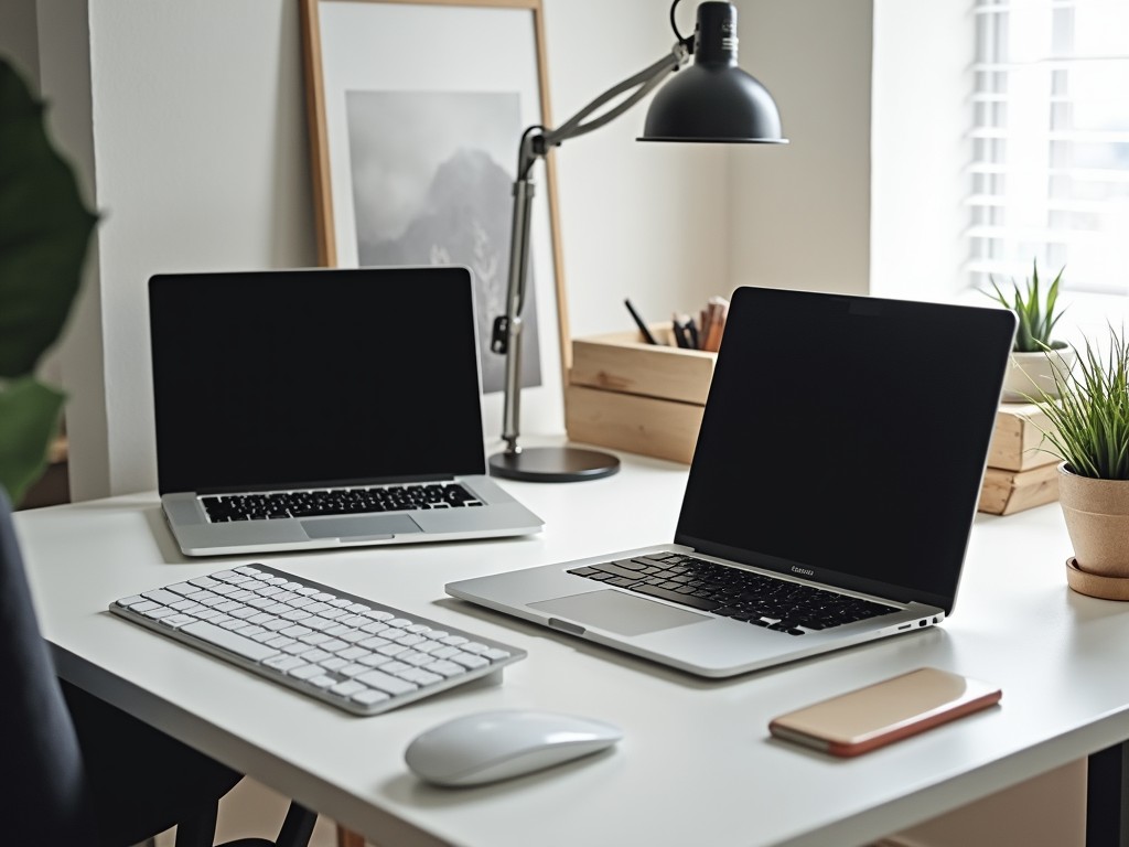 a modern home office setup with two laptops, keyboard, mouse, and decor in a well-lit environment