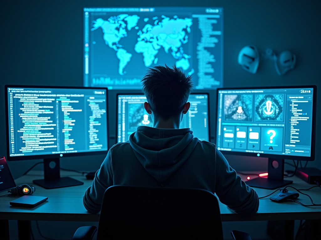 The image shows a person seated at a desk with three glowing monitors displaying various lines of code and world maps. The individual appears focused and engaged, with their back turned to the viewer. The room is dimly lit, enhancing the glow of the screens. Above, a large projection of a world map is visible, emphasizing a global approach. The overall mood suggests a high-tech work environment, perhaps in cybersecurity or data analysis.