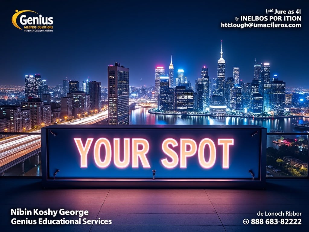 This image features a vibrant cityscape at night, showcasing a prominent skyline filled with bright lights. A large neon banner stands out, urging viewers to 'YOUR SPOT' for an educational service. The atmosphere is lively and emphasizes a sense of urgency and excitement. The modern backdrop reflects urban life and appeals to potential attendees. Clear contact information for Nibin Koshy George and Genius Educational Services is displayed, inviting interested parties to reach out.