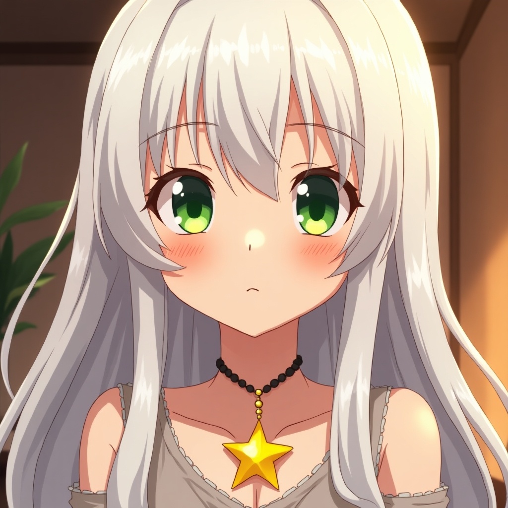 Anime girl with long white silver hair. She has striking green eyes. She wears a yellow star gemstone necklace. The scene has a warm cozy lighting. Rich colors show the beauty of the character.