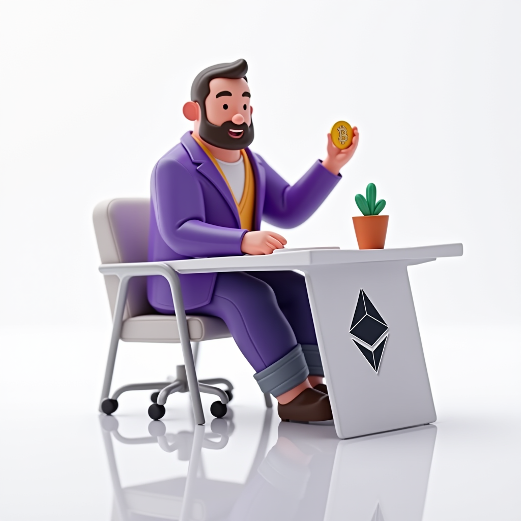 A man in a purple suit sits at a desk holding a cryptocurrency coin with a cactus on his desk.