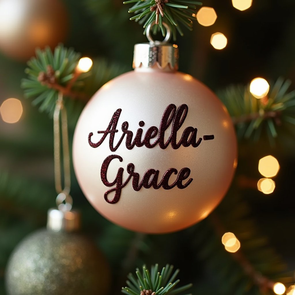 The image features a beautiful Christmas bauble adorned with the name 'Ariella-Grace'. It hangs delicately on a green pine tree branch, with soft warm lights glowing in the background. The ornament's surface is smooth and has a lovely rose gold sheen. This personalized touch makes it ideal for holiday celebrations. It's an enchanting addition to any festive decor, capturing the essence of Christmas spirit.