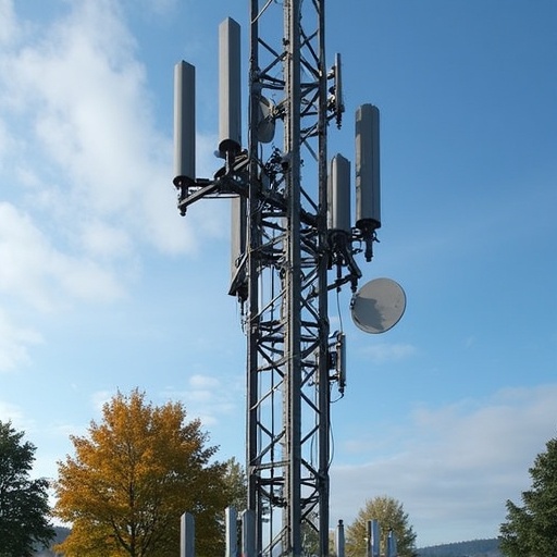 Telecommunication tower with multiple antennas against a clear sky. Nearby trees. Ideal for showcasing installation solutions for fiber optics in urban areas.