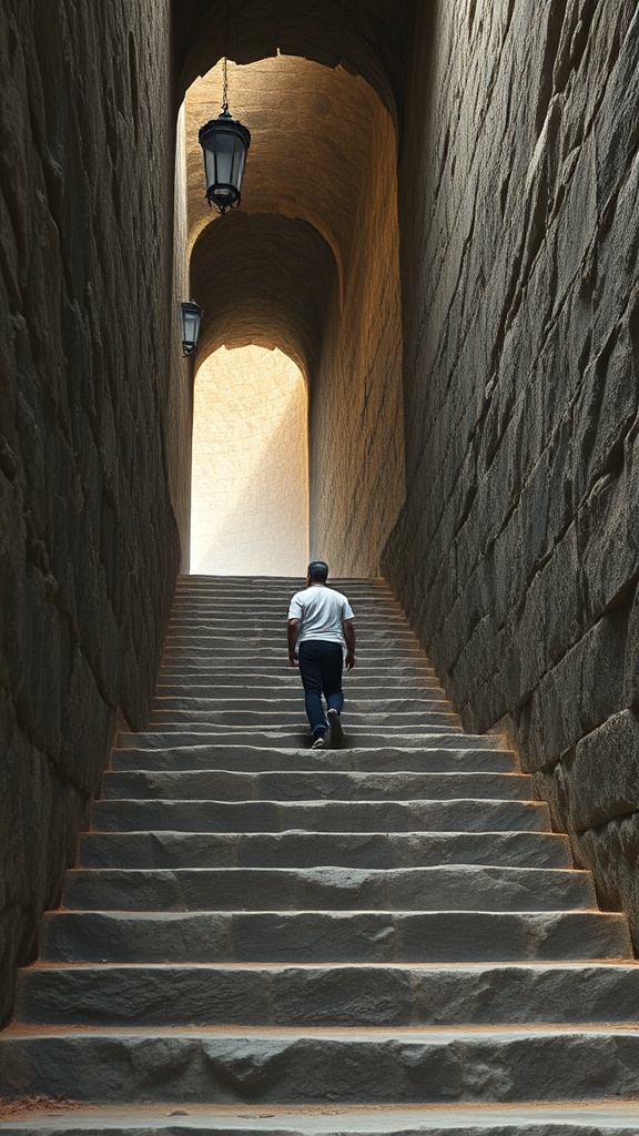 A person climbs a steep stone staircase that is surrounded by towering stone walls. The structure is illuminated by soft, natural light filtering through arches above, casting gentle shadows. Hanging lanterns provide a classic touch, enhancing the timeless and serene atmosphere of the scene.