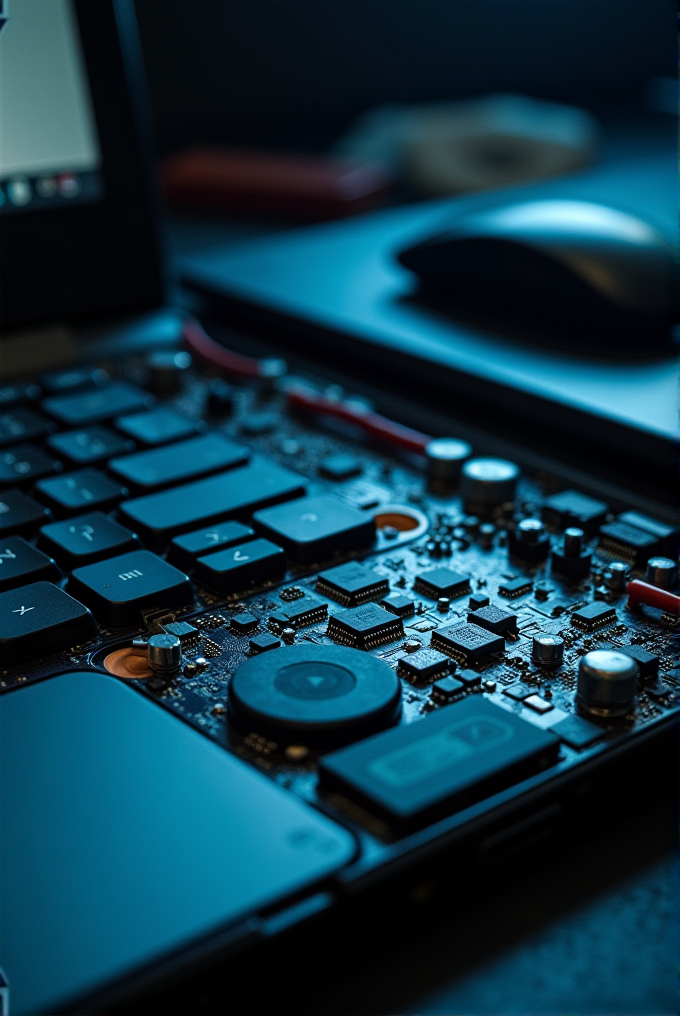 A close-up view of a laptop's internal circuit board next to a keyboard and mouse.