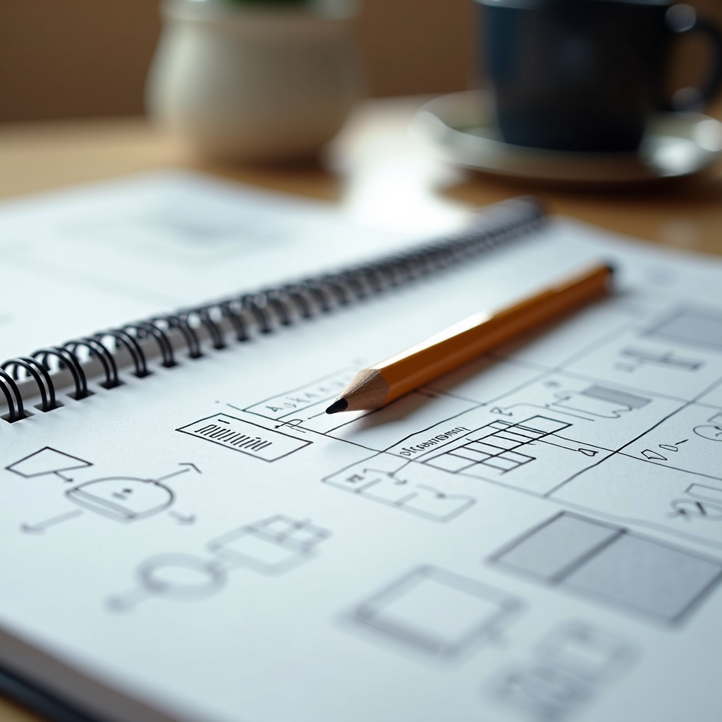 A spiral-bound notebook open on a desk featuring diagrams and doodles, with a pencil resting on the pages.