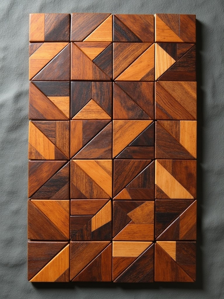 Detailed tangram puzzle made from exotic wood pieces. Displayed flat against a textured surface. Represents Asian artistic style with complex design. Captured from overhead to emphasize the puzzle layout.