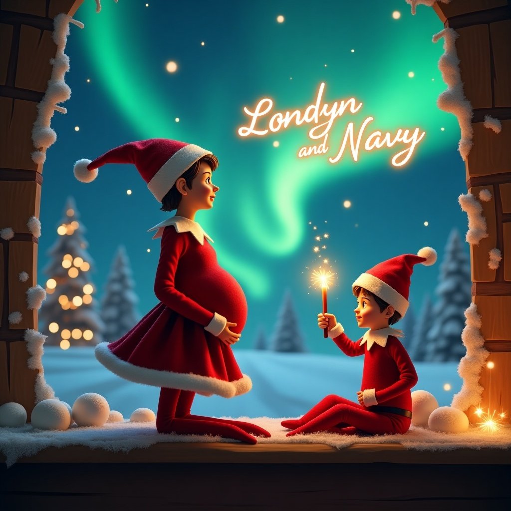 Enchanting Christmas scene features a realistic red elf in a skirt with a pregnant belly. The elf faces the sky with back to viewer. Her brother elf smiles next to her. Elf dressed in red and white wields a magic wand, writing 'Londyn and Navy' in glowing script. Backdrop adorned with vibrant northern lights, creating magical ambiance at the North Pole. Scene is festive, portraying Christmas spirit with whimsical twist.