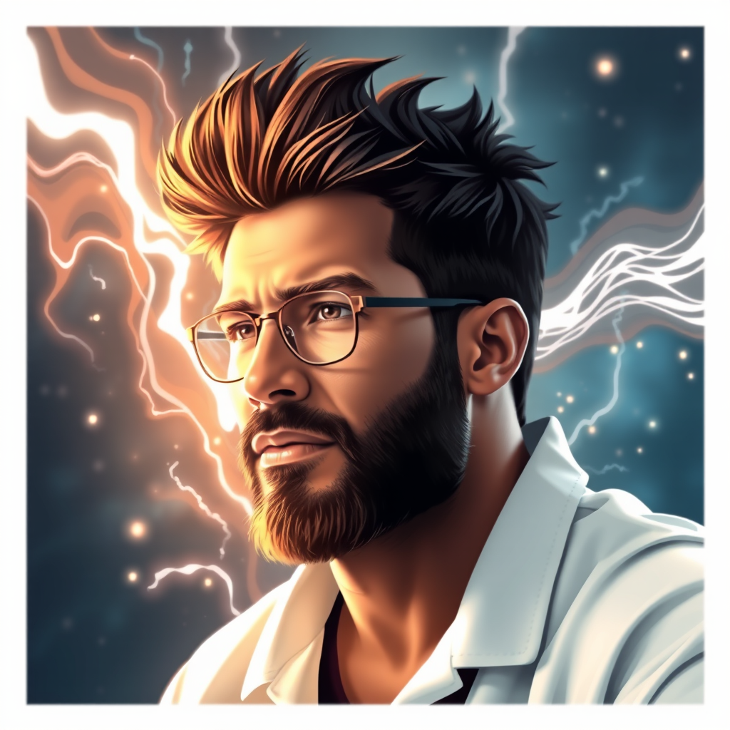 A bearded man in glasses, depicted with a vibrant energy background, showcasing an intense and thoughtful expression.