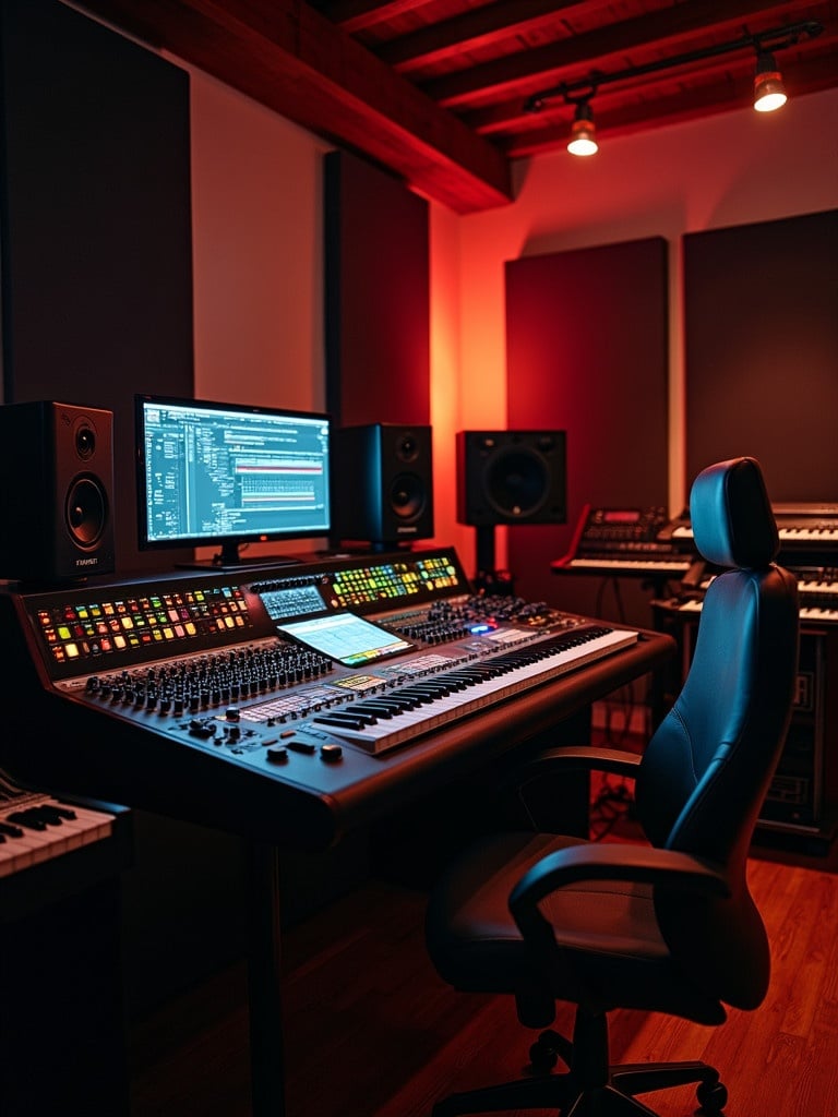 Image shows a recording studio featuring a central mixing console. Equipment and keyboards are situated on the sides. The lighting is dim with warm spot lights creating an ambient atmosphere.