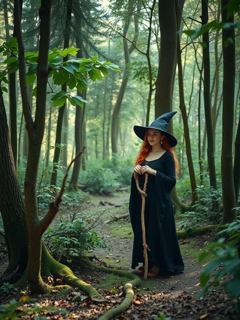 A woman dressed as a witch, adorned in a flowing black robe and a pointed hat, stands in a serene forest. The dappled sunlight filters through the lush canopy, casting gentle shadows on the forest floor. She holds a wooden staff, enhancing the mystical aura of the scene, as she seems deep in thought amidst the tranquil woodland setting.